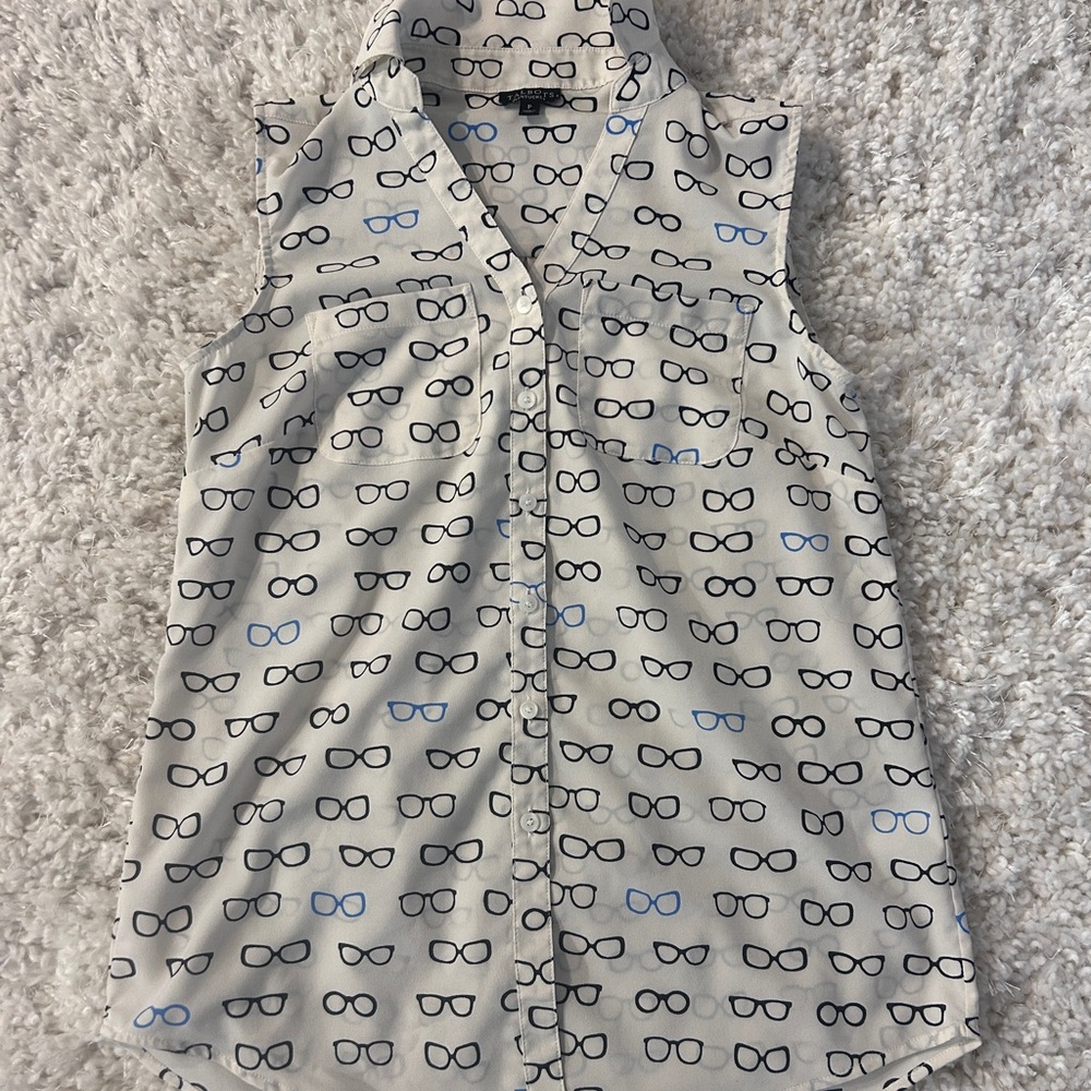 Talbots Cream Blouse with Black and Blue Eyeglass Print